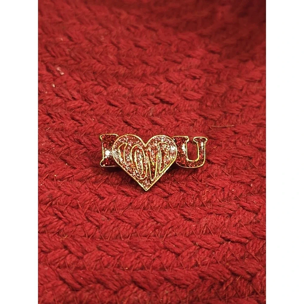 I Love You Red & Gold Bling Vintage Heart Lapel Pin Brooch - 1970's Groovy Pin